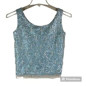 Vintage 1950s iridescent beaded tassels faux pearl and sequins wool blouse